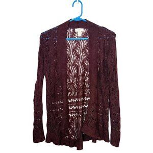 LOFT Crochet Open Front Cardigan Sweater Dark Burgundy Lightweight Size SP